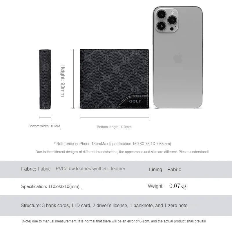 Короткий кошелек для мужчин GOLF новинка 2023 тонкий с несколькими отделениями карт