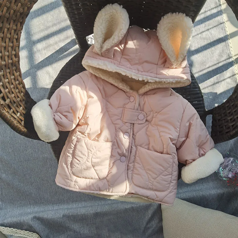 

Infant Girl Cute Rabbit Ear Hooded Cotton-padded Jacket Toddler Winter Warm Plush Thick Cardigan Double Pockets Outwear Coat