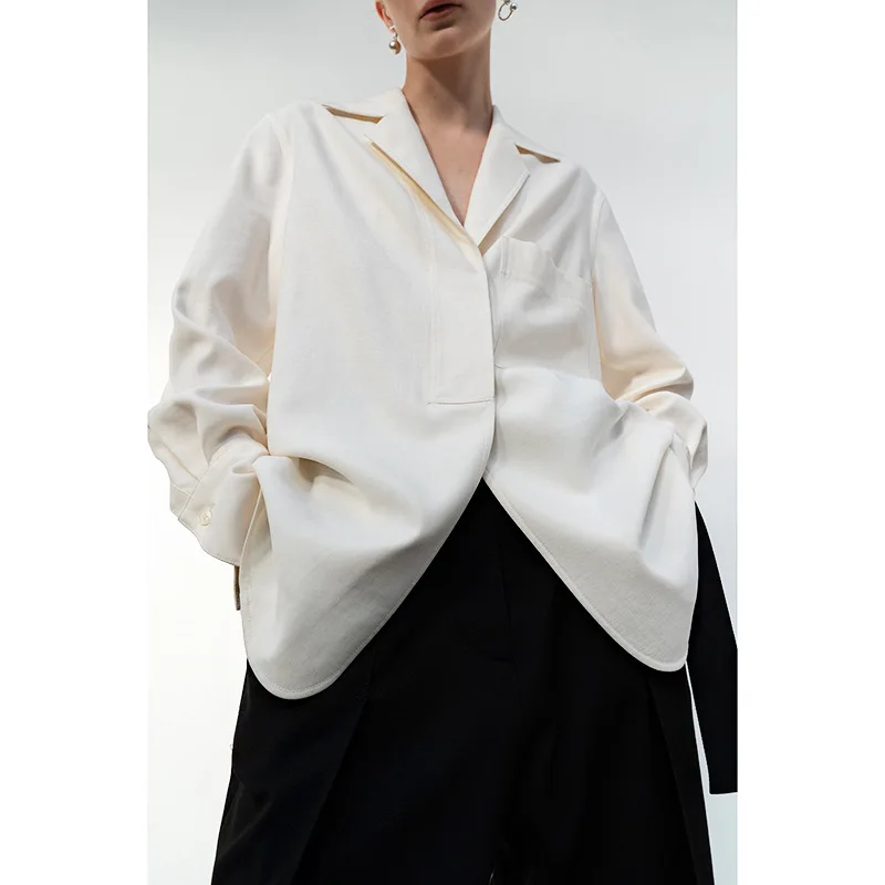 LOW CLASSIC 2022 Summer Women Fashion Suit Collar Profile Pocket Long Sleeve Commuter White Shirt