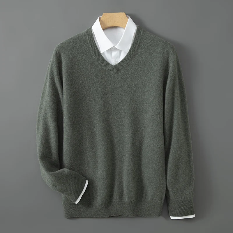 Мужской повседневный свитер вязаный джемпер из 35% кашемира с v-образным вырезом