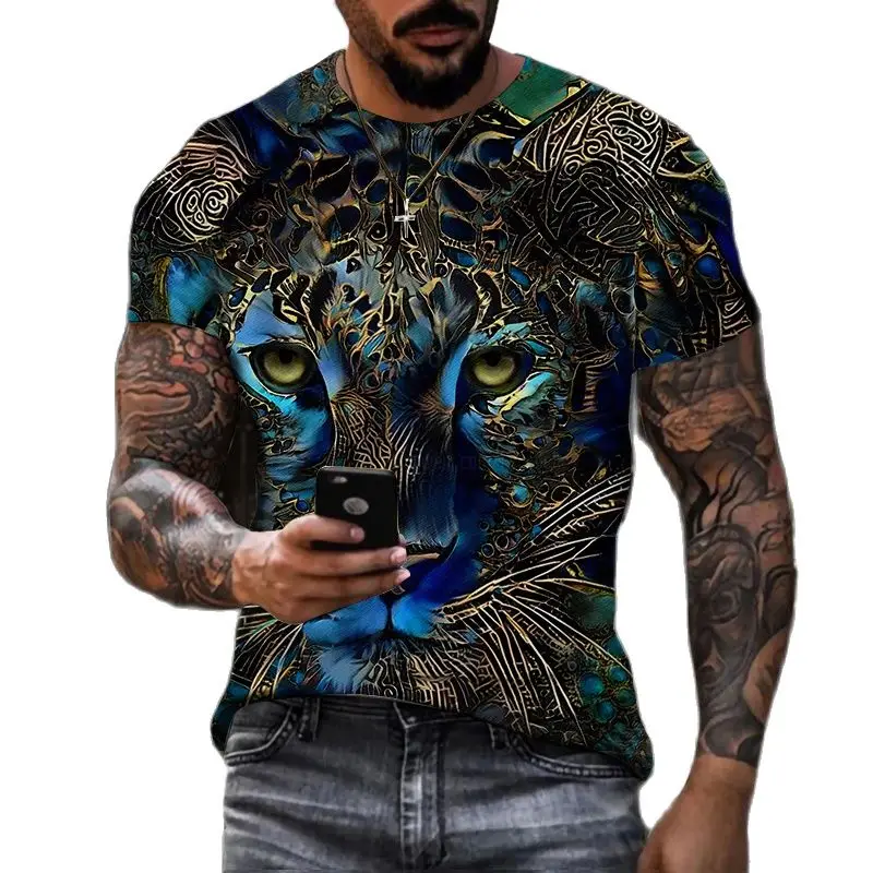 

New Summer Men's T-shirt 3d Printed Animal Leopard Print Street Personality O Collar Short Sleeve Loose Plus Size Top