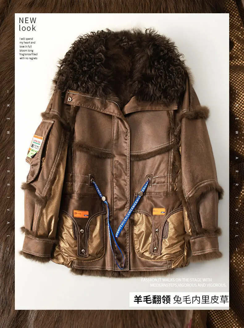 

2023Real fur, Autumn and winter New Rabbit Fur One Piece Fur Coat Women's Wool Polo Collar Casual Jacket