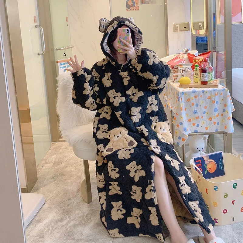 Winter Long Home Robe For Women Little Bear Printing Thick Coral Fleece Bath Robe Hoodie Pajamas Homewear Sleepwear Cute Kawaii