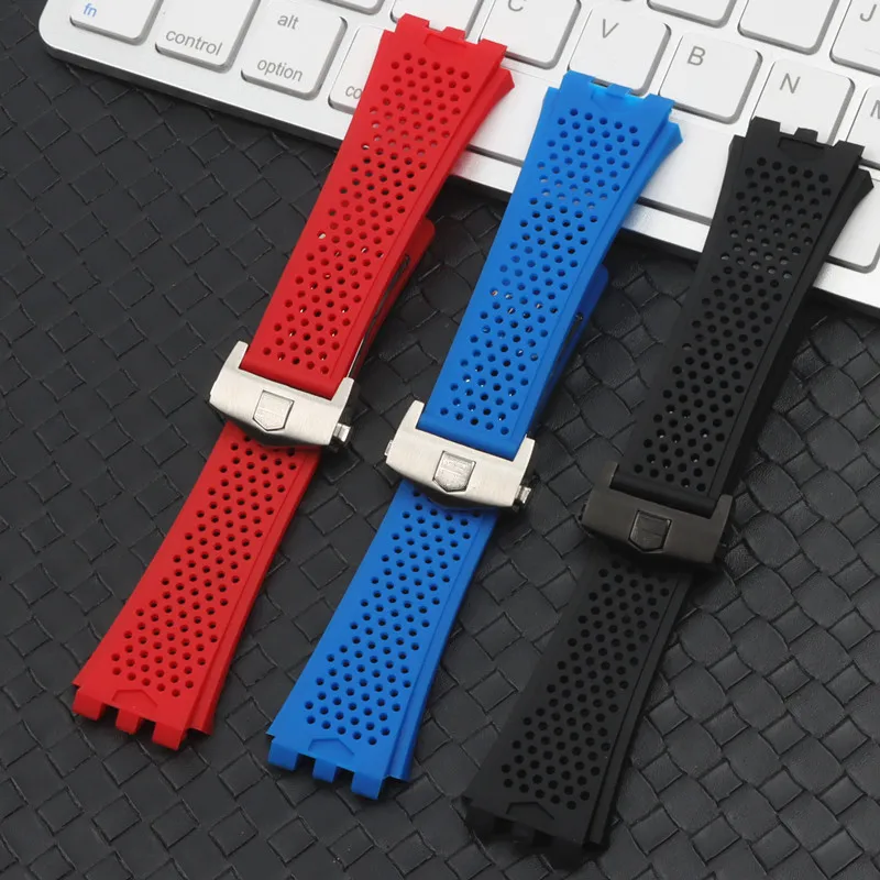 

28x22mm Red Blue Black Silicone Rubber Watchband For Tag Strap For Heuer Breathable Band folding buckle For CARRERA Bracelet