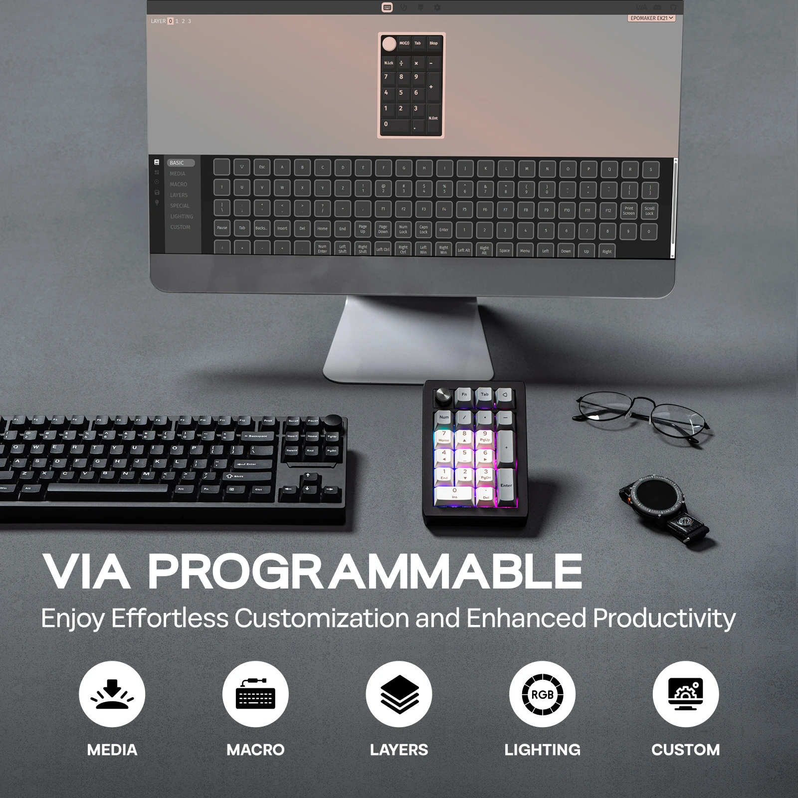 Фото EPOMAKER EK21 VIA 20%, прокладка, проводная/Bluetooth/2,4 ГГц, беспроводная NKRO Numpad, ручка из алюминиевого сплава, аккумулятор 1000 мАч для Win/Mac/игр №3