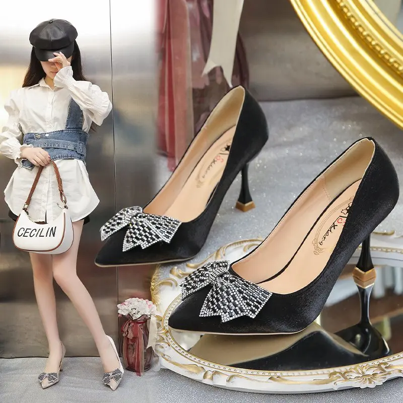 

Туфли стразы женские с бантом, замшевые туфли на высоком каблуке, пикантные вечерние туфли, черные