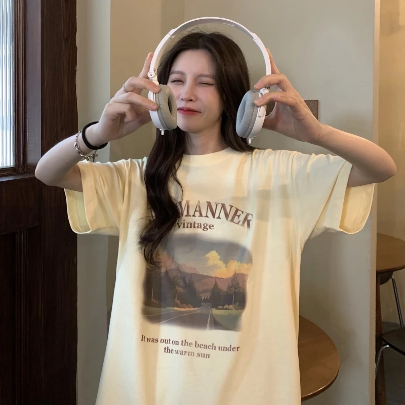

Summer 2021 New American Street Short-Sleeved T-Shirt Women'S Wild Casual Sweet And Cute Printed Top woman tshirts harajuku