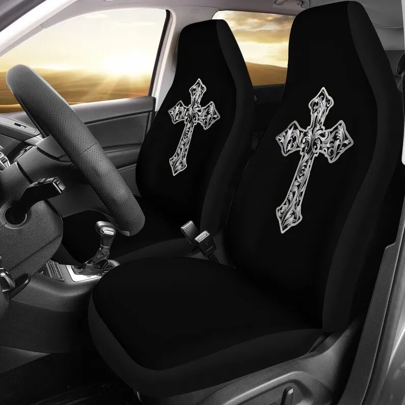 

Vintage Cross Decor Black Car Seat Covers Pair, 2 Front Seat Covers, Car Seat Covers, Car Seat Protector, Car Accessory, Crucifi
