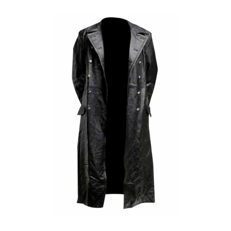Мужская Длинная кожаная ветровка двубортная куртка в стиле милитари кожаное
