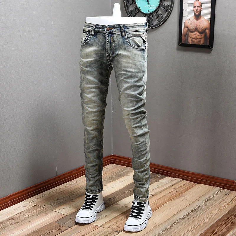Italian Designer Fashion Men Jeans Stretch Elastic Slim Fit Ripped Jeans Men Vintage Trousers Velvet Winter Warm Pants Hombre