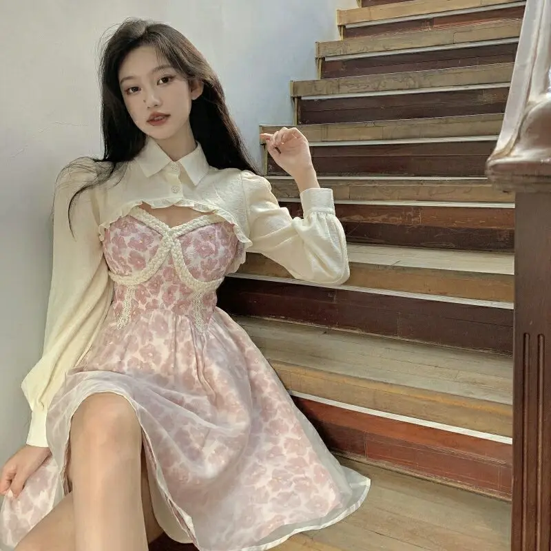 

WDMSNA Floral Sweet Lace Sling Dress Women + Puff Sleeve Short Ladies Shirts Temperament Autumn Two Piece Sets Womens Outifits