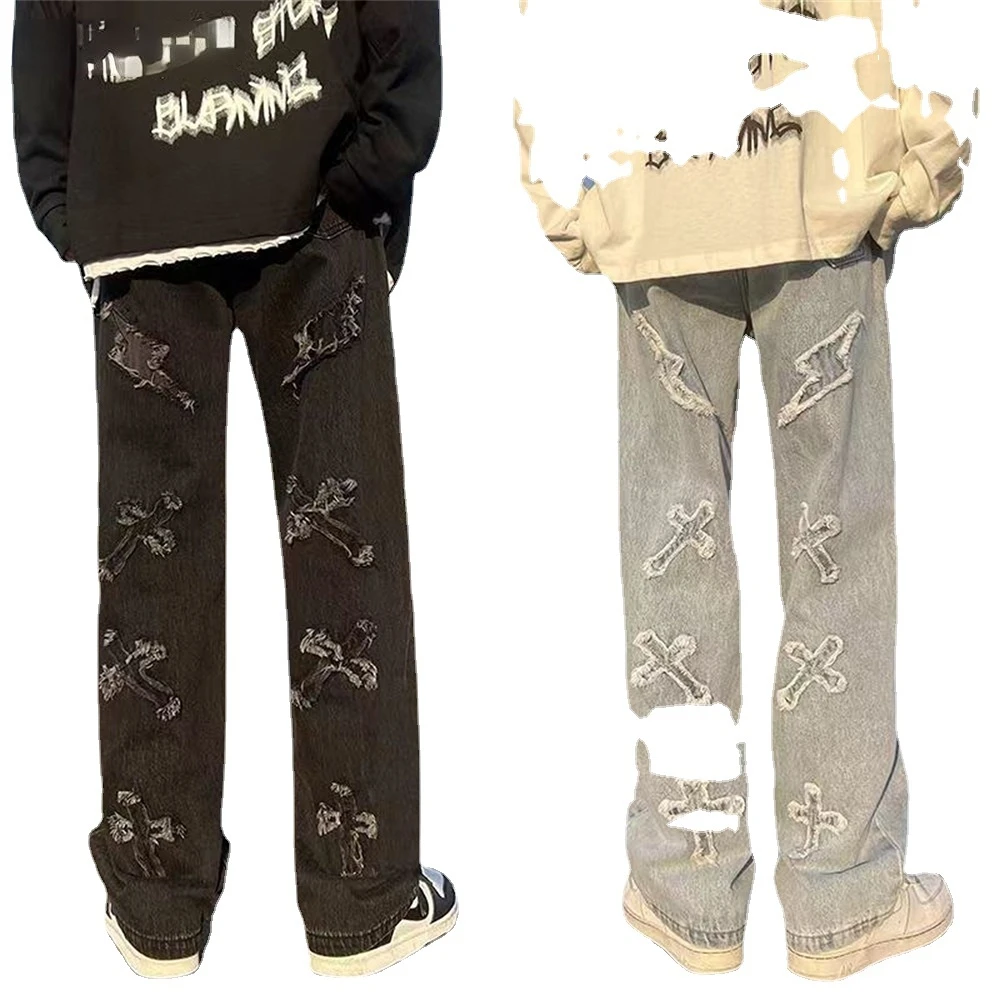 Popular Men's Denim Pants Fashion Loose Wide Leg Casual Streetwear Printed Cross Trousers jeans Pants Baggy Men Jeans
