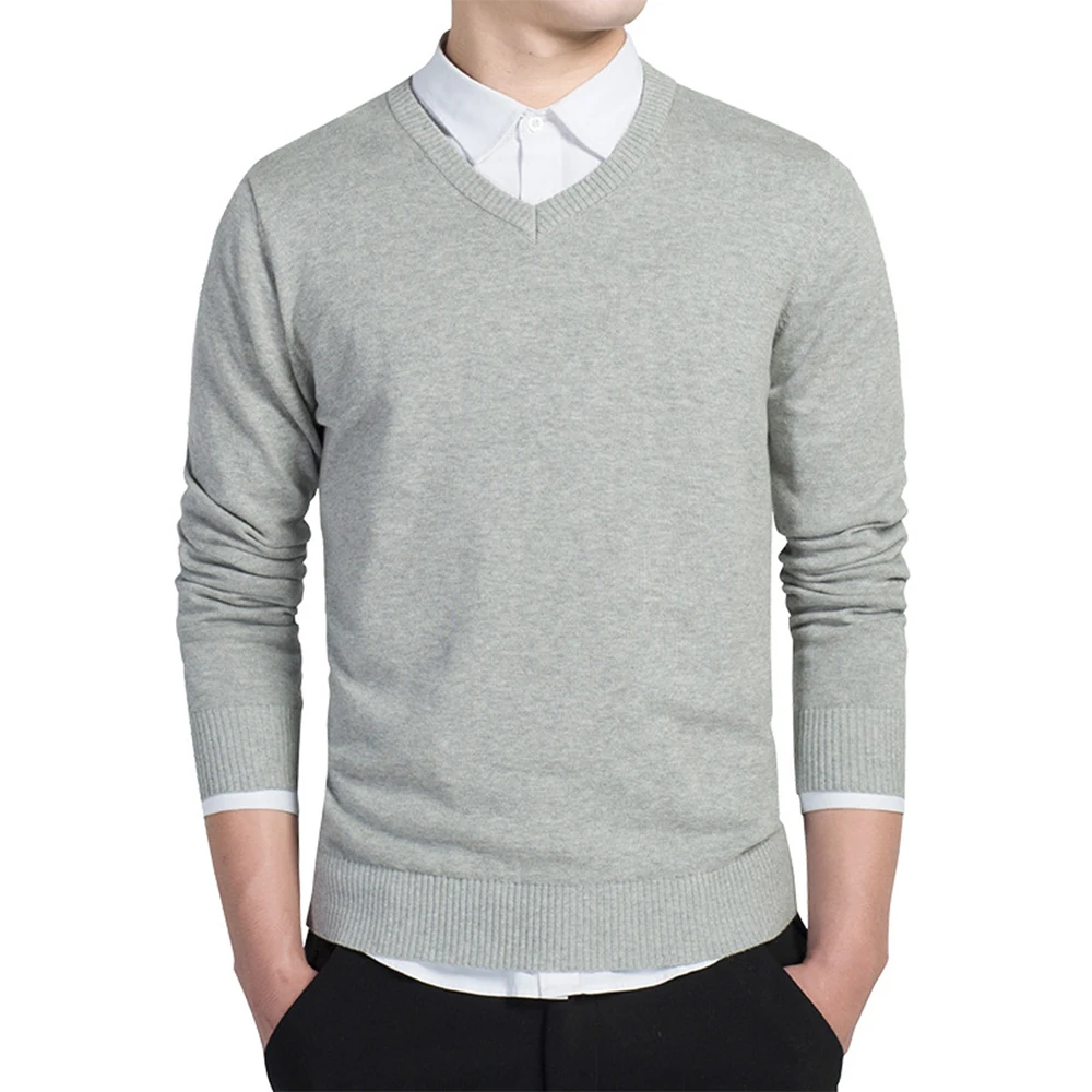 Mens Solid Color V Neck Jumper Knitted Plain Sweater Casual Formal Long Sleeves Top Business Bottoming