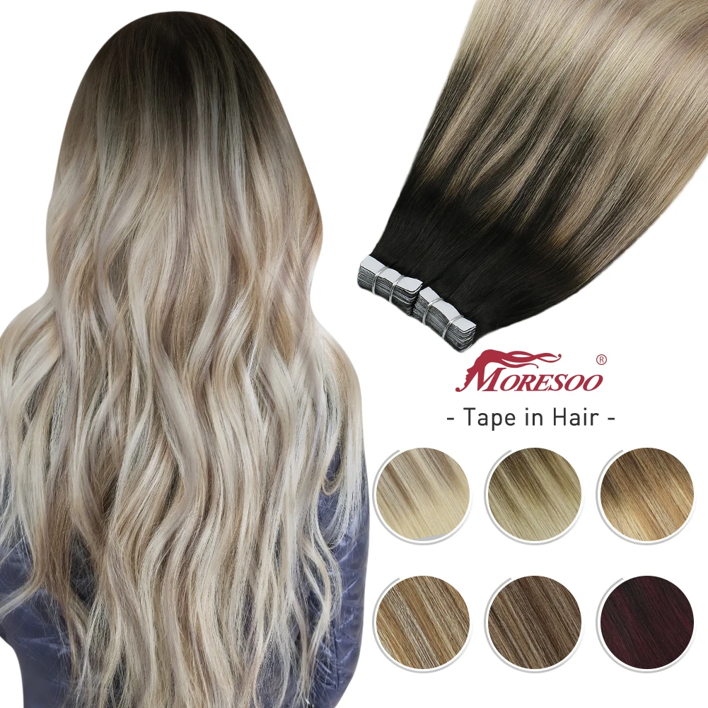 Moresoo Tape in Human Hair Extensions Balayage Blonde Hair Remy Hair Natural and Soft Skin Weft Straight Seamless Hair Ombre