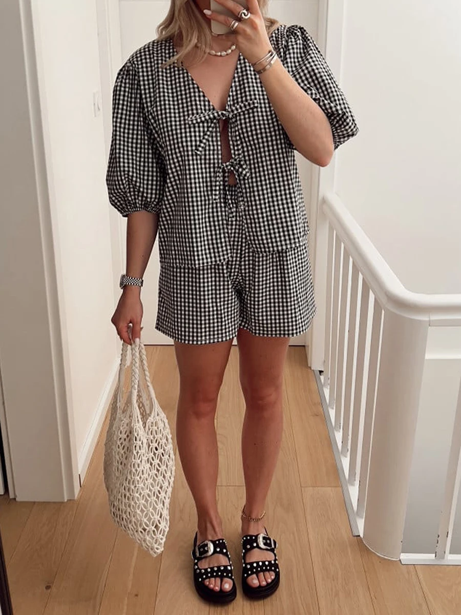 Женский пижамный комплект Y2k рубашка с баской и шорты из 2 предметов топ пышными