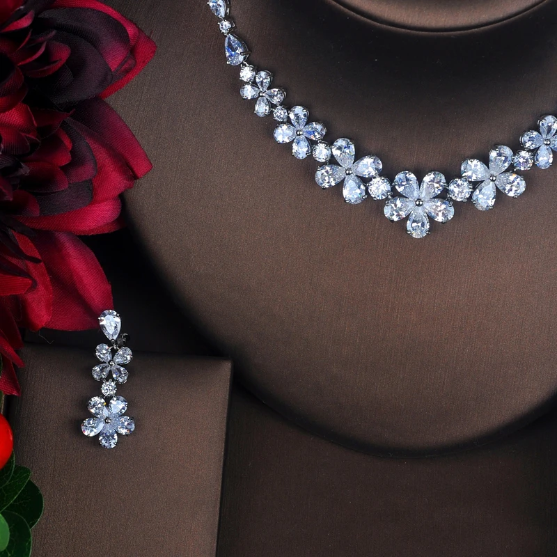 

Fashion Beautiful Flower Design CZ Stone Jewelry Sets For Women Bride Necklace Set Wedding Bride Dress Accessories Gifts N-377
