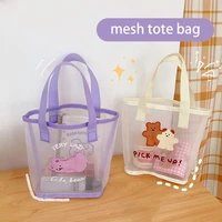 cute cartoon bear rabbit shopping bags cosmetic bag for women handbag clear mesh makeup storage organizer bag outdoor beach bag