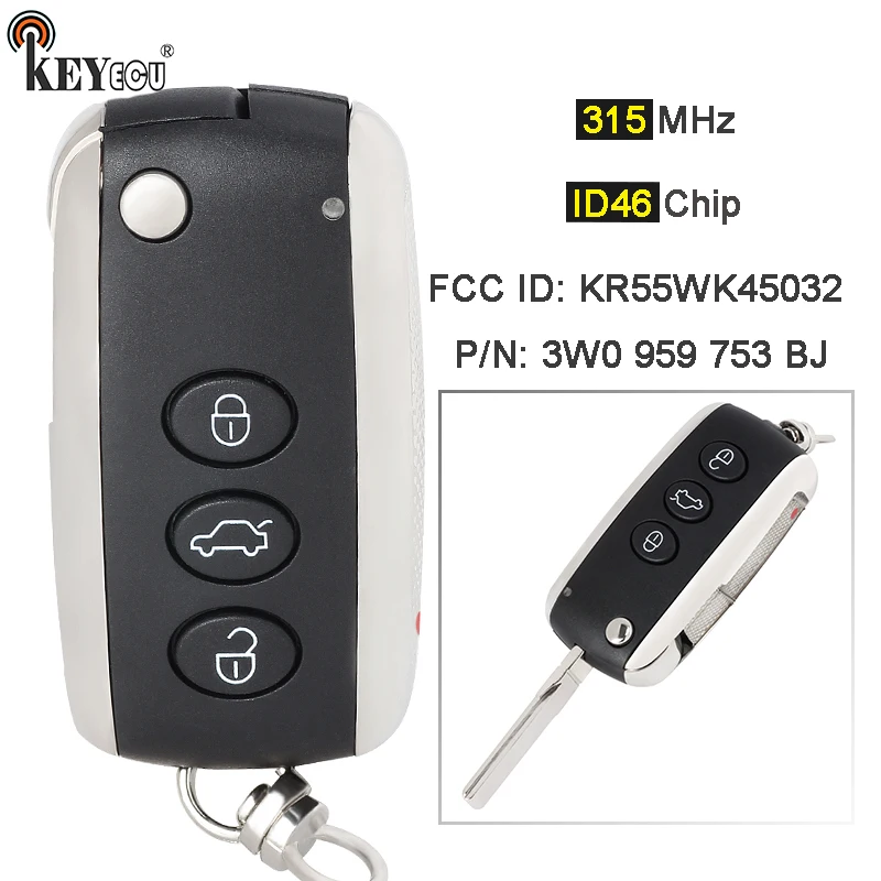 

KEYECU 315MHz PCF7945A Chip Fold Remote Key Fob 4 Button Alarm for Bentley Con*tinental GT GTC Flying Spur 2006-2016 KR55WK45032