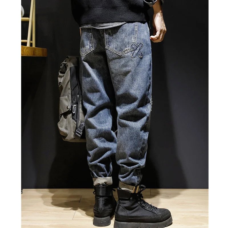 Men Clothing New Straight Loose Cylinder Plus Size Jeans Vintage Comfortable Navy Blue Harun Trousers Women Autumn and Winter