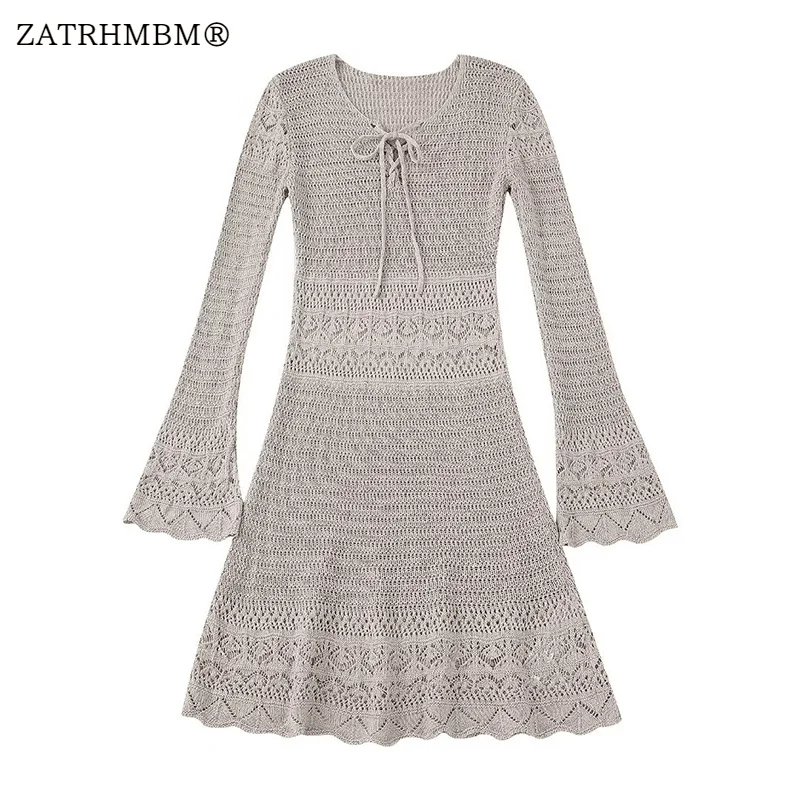 

ZAKHAM Women 2023 New Fashion Jacquard Mesh Knitted Dress Vintage Long Sleeve Lace Up Female Dresses Vestidos Mujer