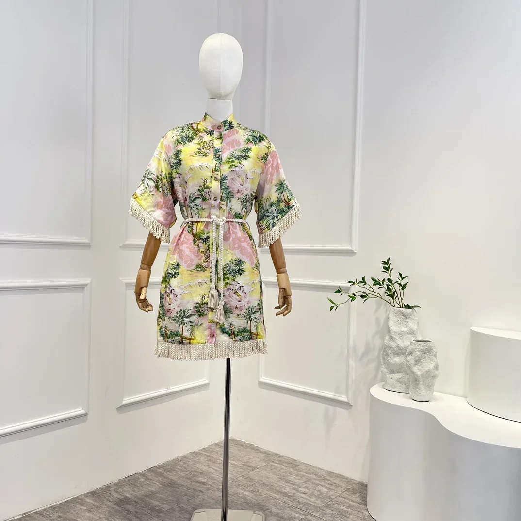 

2023 New Tassel Spring Summer High Quality Beach Style Tree Printing Half Sleeve Buttons Belt Woman Casual Mini Dress