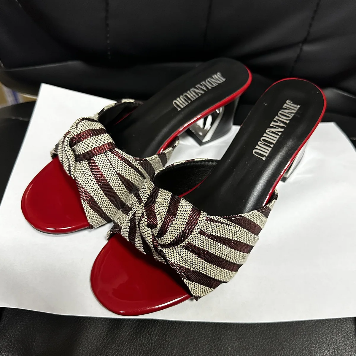 Red Butterfly-knot Square Heel Designer Slides PU Leather Slip On Summer Women Sandals Fashion Peep-Toe Non-Slip Office Slipper