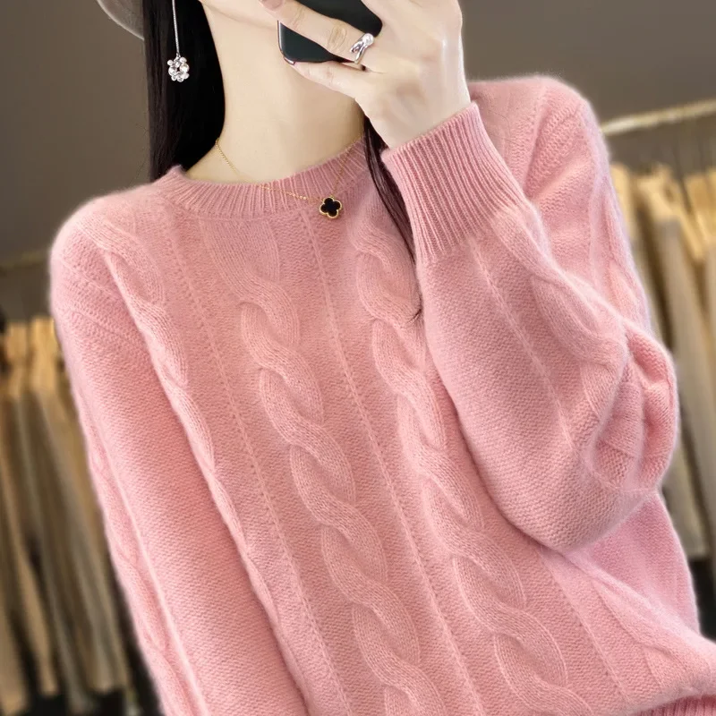 2024 Autumn/Winter New Women's Knitted Top Round Neck Cable Knit Thickened Sweater Loose-Fit Long Sleeve Base Layer