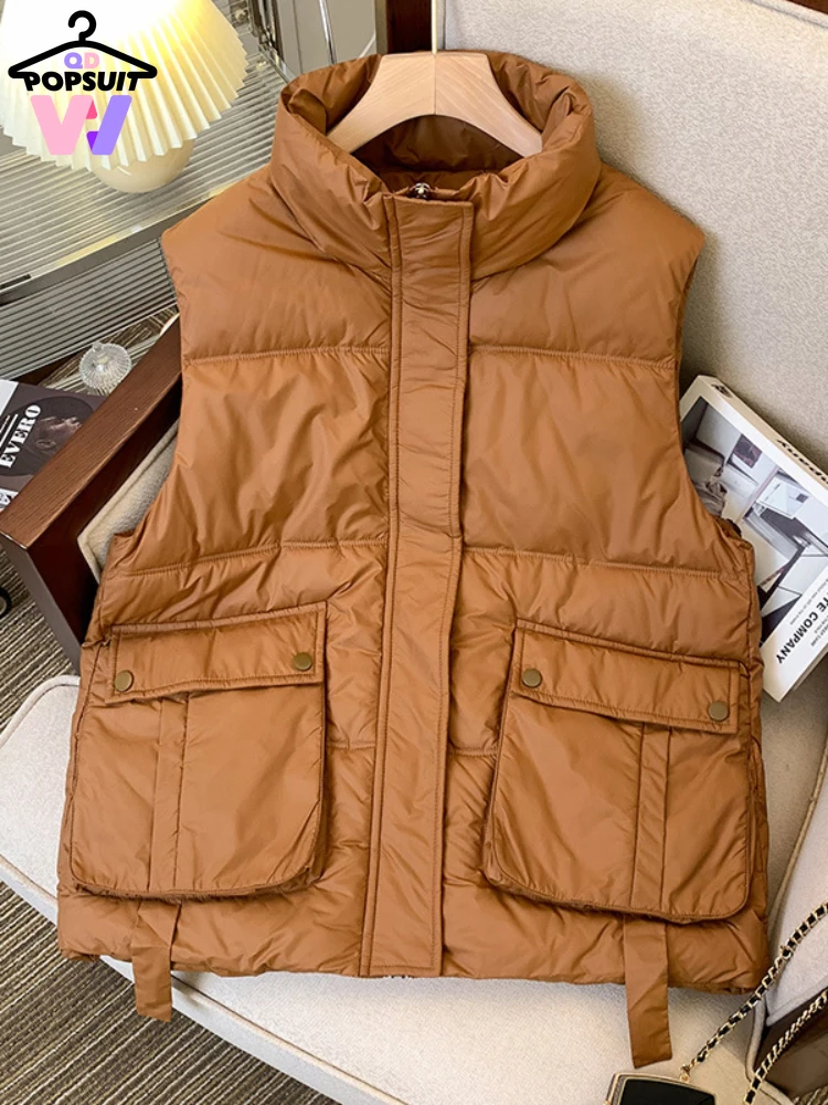 

Жилет женский хлопковый с воротником-стойкой, модная утепленная безрукавка на молнии, с карманами, теплая одежда, осень-зима