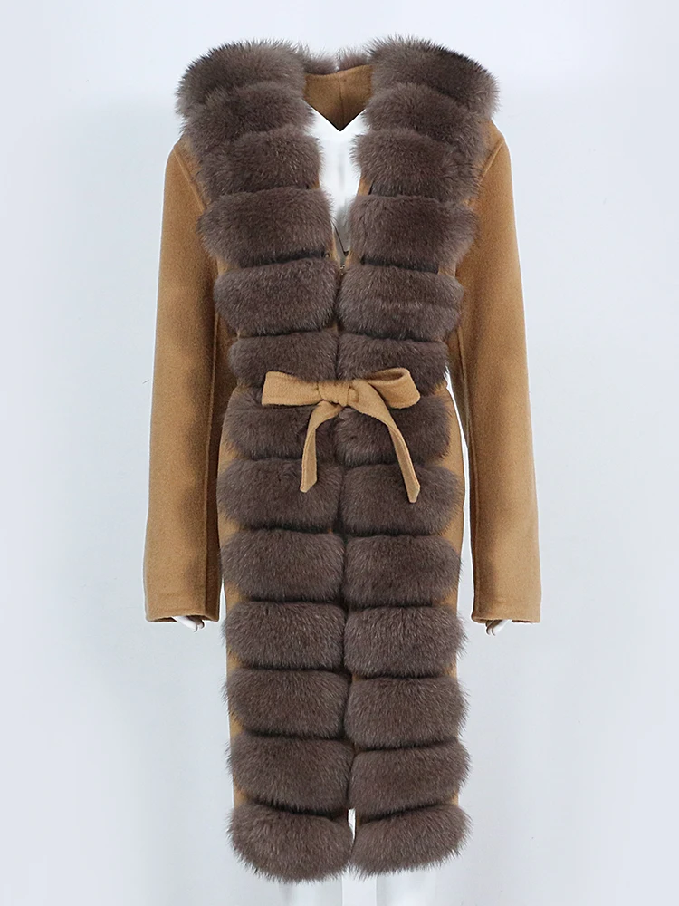 

OFTBUY 2023 New Real Fur Coat Winter Jacket Women Natural Fox Fur Collar Cashmere Wool Blends Long Outerwear Belt Streetwear