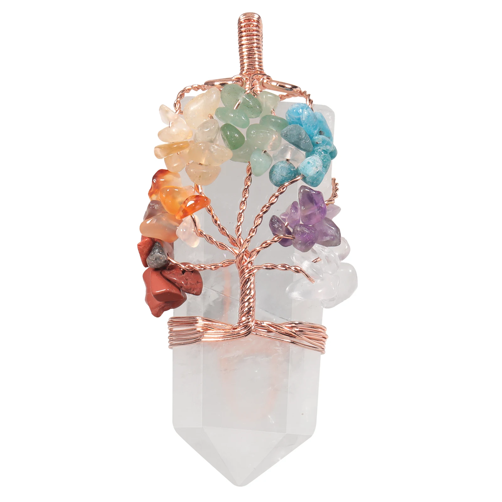 

Natural Healing Rock Quartz Faceted Crystal Hexagons Pendant Handmade Wrapped Bronze Wire Rubble 7 Chakras Tree Of Life Jewelry