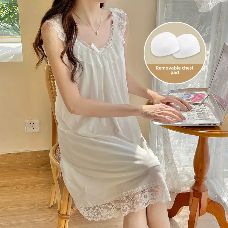 Пижама женская кружевная без рукавов пикантная ночная рубашка из чистого хлопка