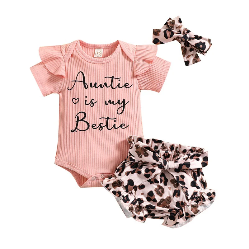 

Baby Clothes Girl\u2019s Tops and Shorts Set Fashion Letter Short Sleeve Romper Leopard Short Pants Headband Children's Clothing