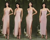 women spaghetti strap midi cocktail dress stretch slit sleeveless dusty pink bow backless solid simple long party dress
