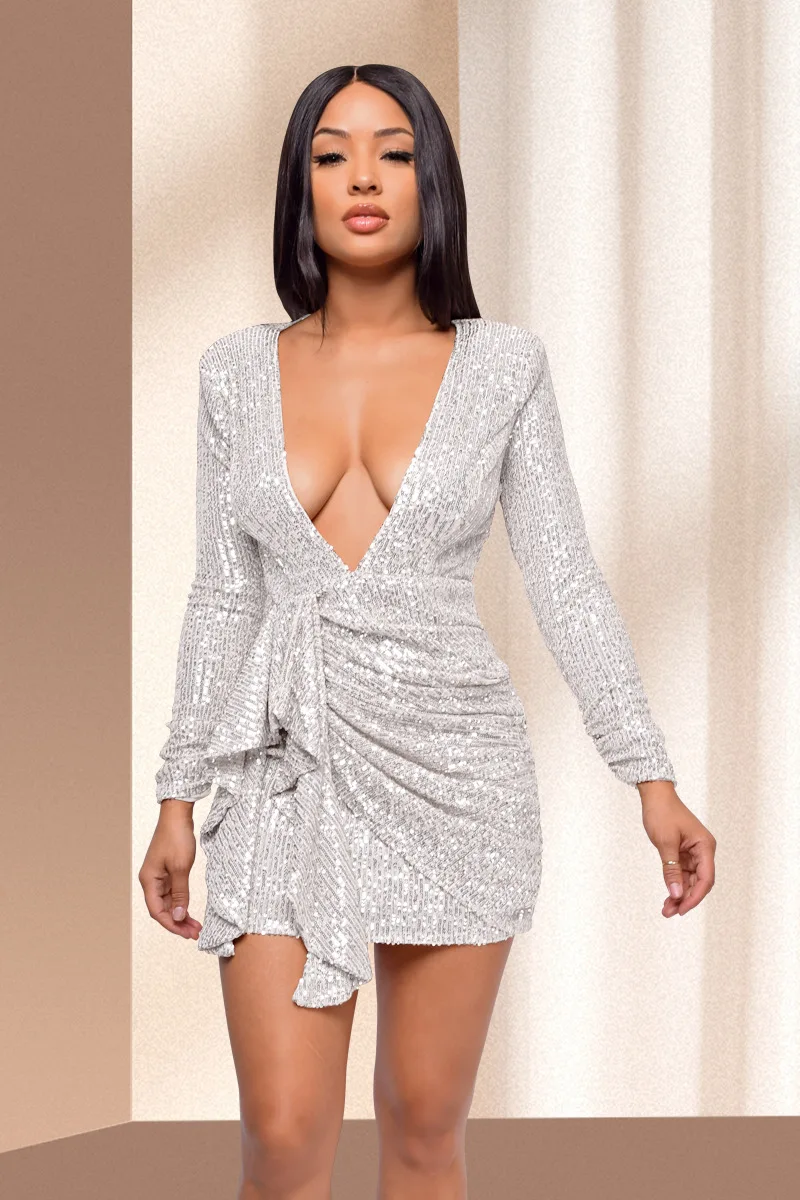 Sexy Women Sequined Party Dress 2023 Deep V-neck Long Sleeve Fashion Evening Dress Slim Waist Nightclub Dresses