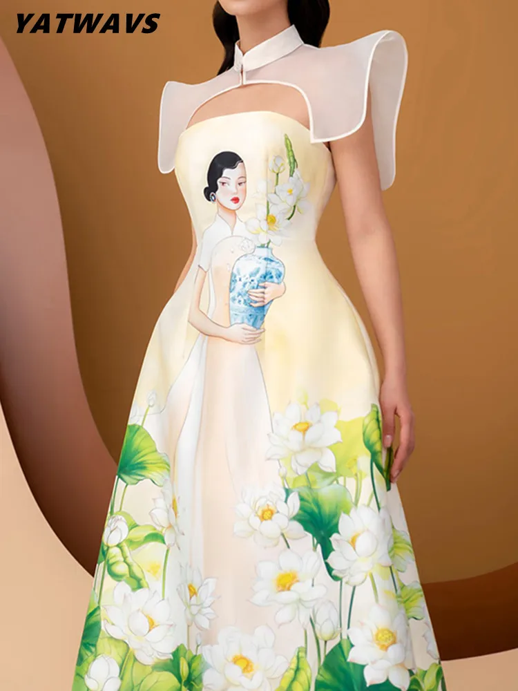 

Женское платье-накидка из органзы, модельное винтажное платье миди с цветочным принтом, дизайнерское платье без рукавов и бретелек, летнее ...