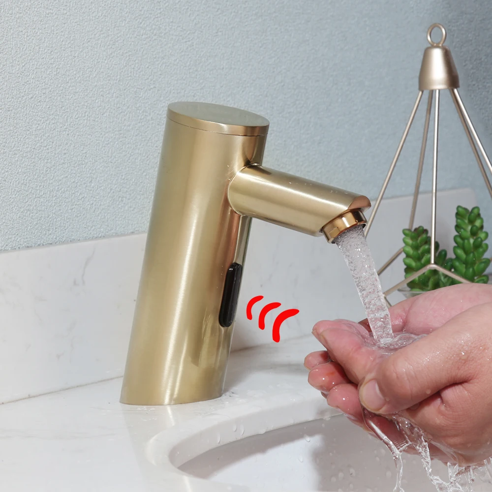 

YANKSMART Brushed Gold Bathroom Induction Faucet Sink Spray Tap Brass Classic Basin Deck Mounted Open Quickly Mixer Water Tap