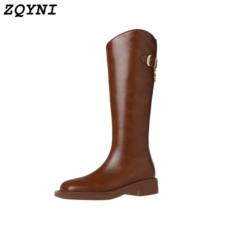 

Женские армейские ботинки ZQYNI на плоской подошве, кожаные модные сапоги до колена в стиле панк на низком и высоком каблуке, Осень-зима