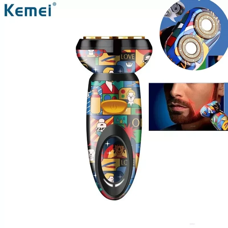 

KEMEI Electric Shaver Double-Head Beard Razor Fashion Prints USB Charging Men Washable Machine Shaver Beard Razors Rechargeable
