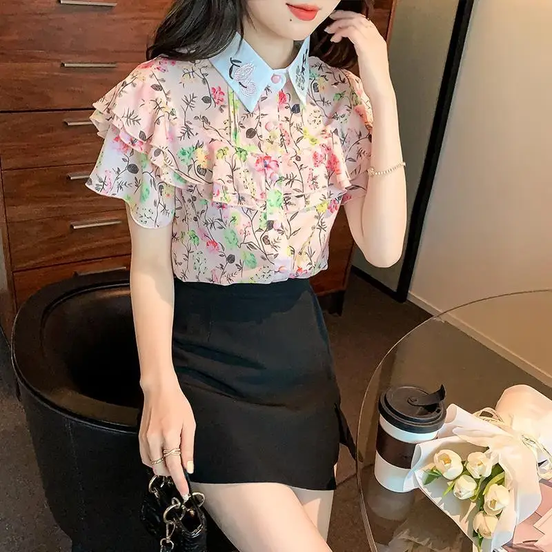 

Blouse female lapel ruffled floral chiffon shirt 2022 summer new design sense niche short sleeve turn down collar blouse female