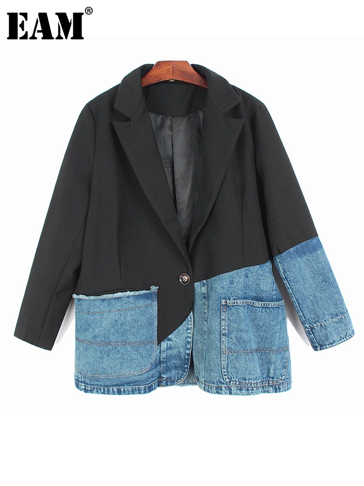 

[EAM] Women Plaid Denim Spliced Big Size Blazer New Lapel Long Sleeve Loose Fit Jacket Fashion Tide Spring Autumn 2023 1DF2994