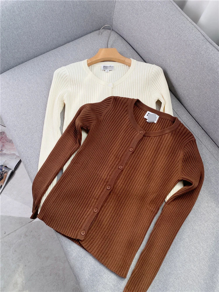 

Cotton 100% Long-sleeved Cardigan for RUANDAI 2022 Summer New Round Neck Slim Single-breasted Knitted Sweater Women