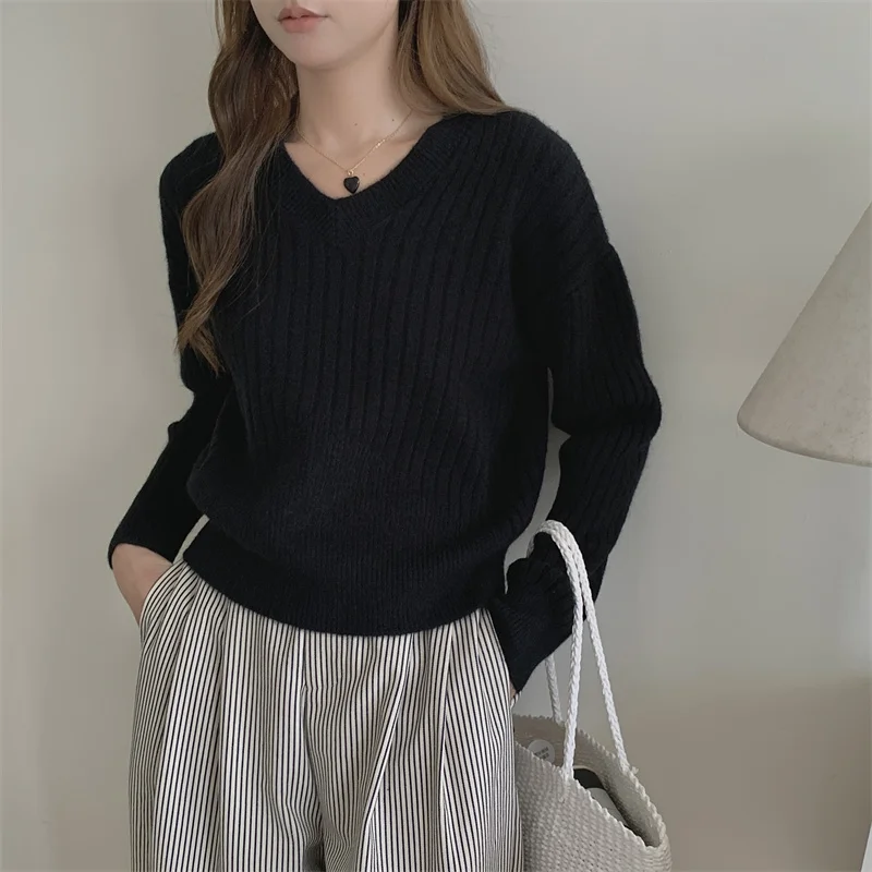 FINEWORDS зимний винтажный вязаный свитер с v-образным вырезом корейский мягкий