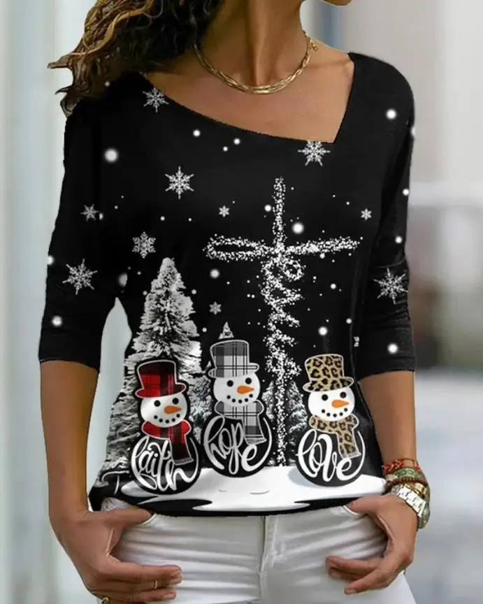 

Christmas Snowman Print Asymmetrical Neck Top Asymmetrical Neck Casual Christmas Graphic Long Sleeve tees for women