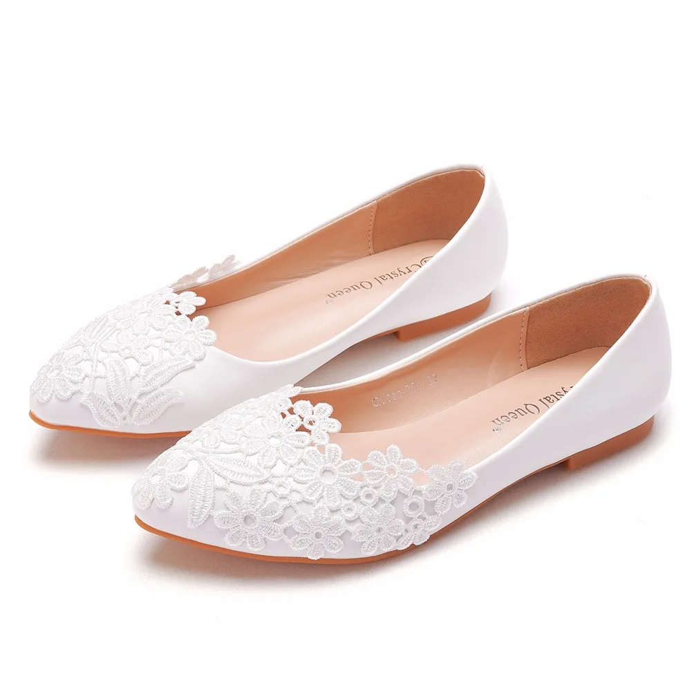 

Large Size Flat Lace Wedding Shoes White Pointed Toe Casual Flat Shoes White Lace Casual Women's Shoes Low Heel