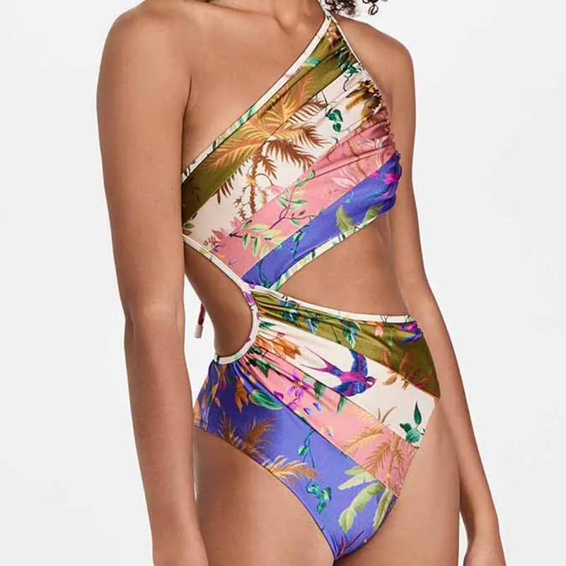 

Floral Cutout One-Shoulder One-Piece Swimsuit Tankini Women Swimming Suits Swimwear Patchwork 2022 Luxury Shorts Bourkini