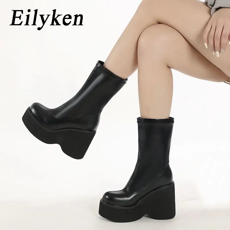 

Eilyken Fashion High Heels Thick Platform Wedges Ankle Boots Women Autumn Winter Ladies Worker Gothic Shoes Botas Mujer