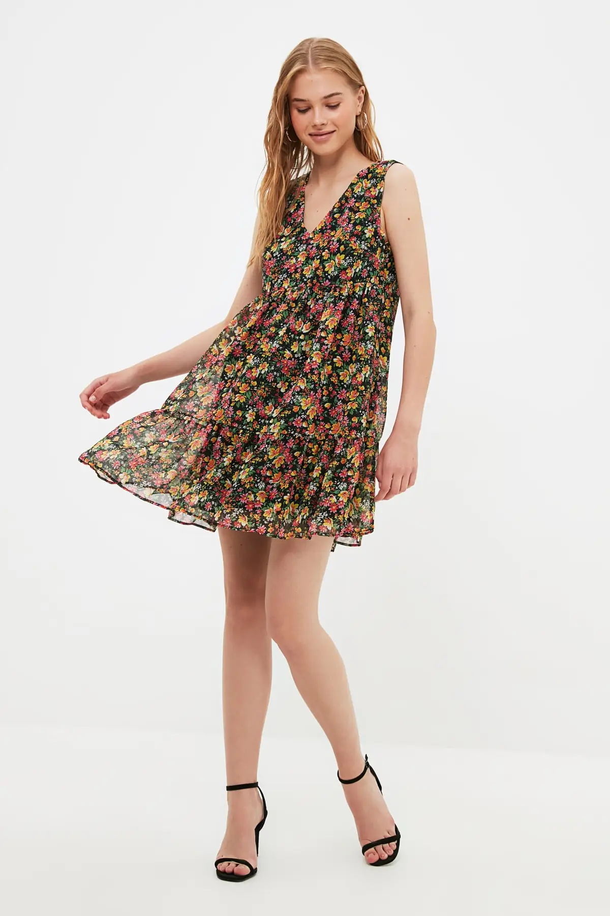 

Разноцветное платье TWOSS20EL2329 с цветочным принтом и широким вырезом, шифоновое удобное Тканое обычное мини-платье без рукавов с V-образным вырезом