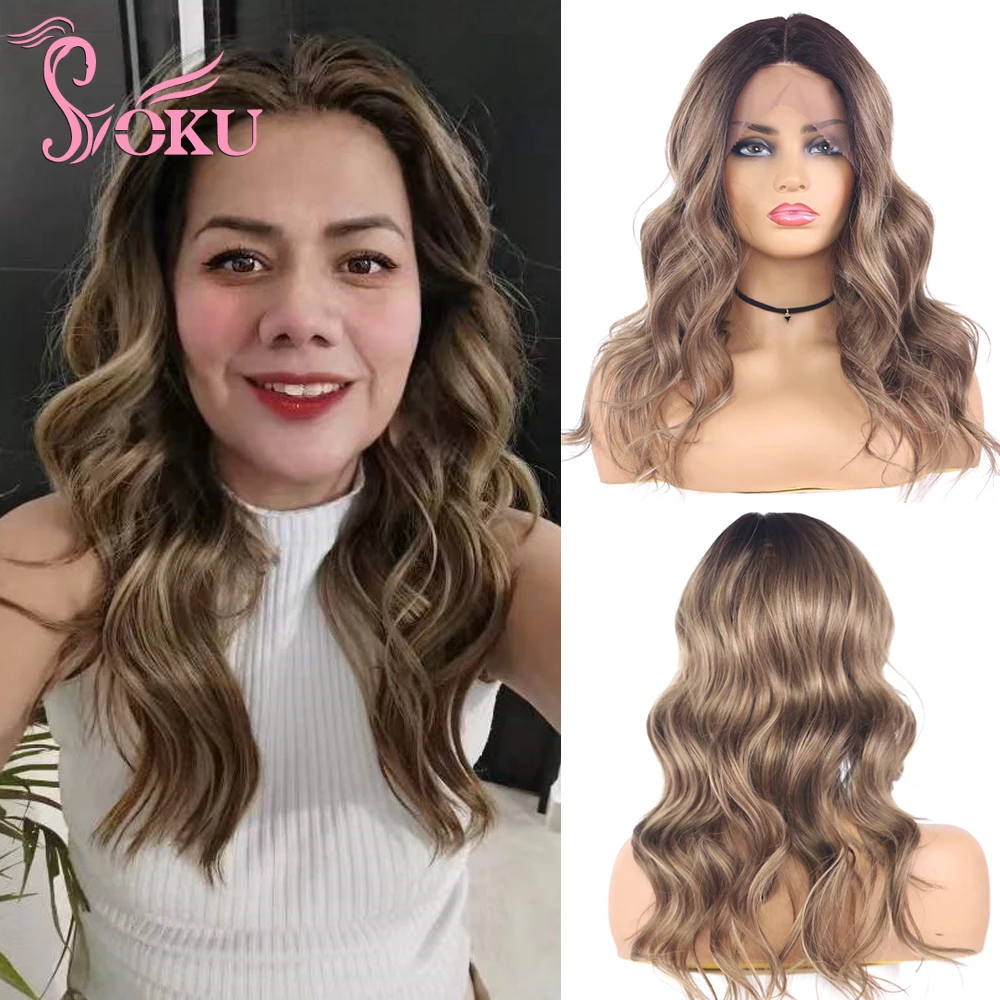 

SOKU Ombre Brown blonde Synthetic Lace Front Wigs Shoulder Length Natural Wave Hair Medium Long L Side Part Lace Wig