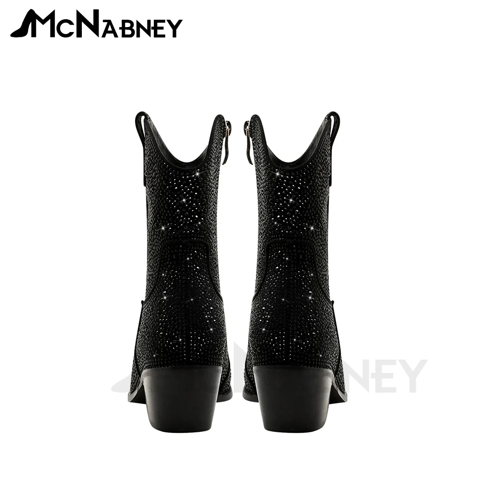 Rhinestone Cowboy Boots Bling Bling Wedge Boots Pointed Ankle Boots Western Cowboy Style Shoes for Women Luxurious Slip On Shoes