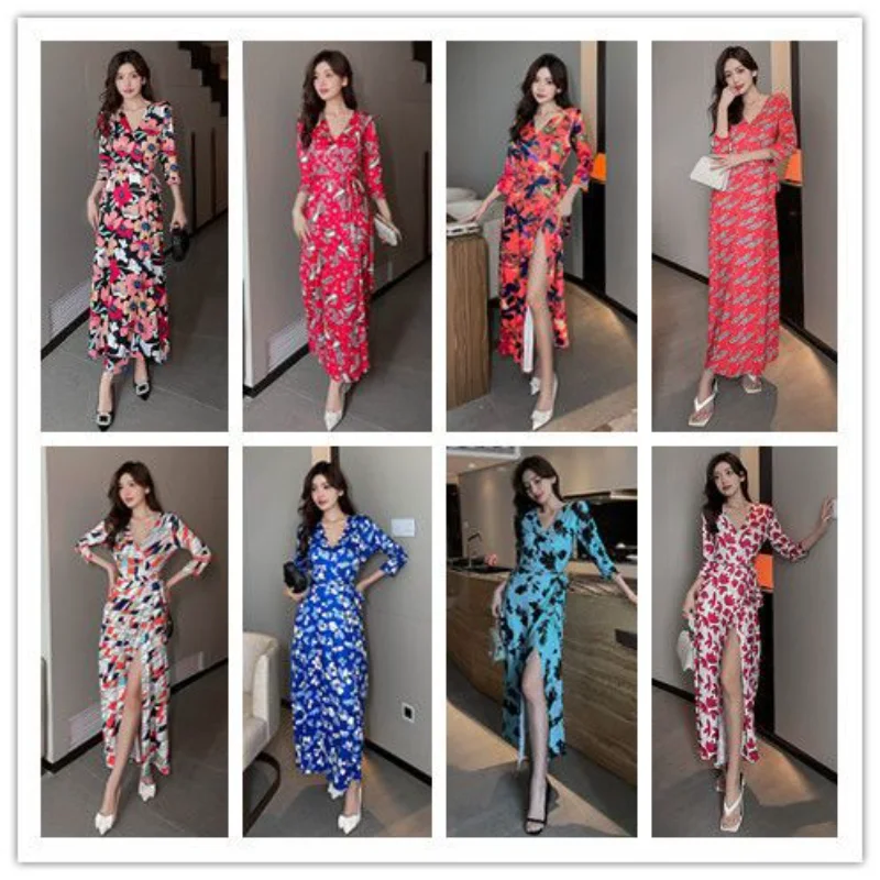 

Sexy Beach Skirt 2023 Summer Print V-Neck Slim Fit Wrap Dress One Piece Women's Long Dress Streetwear Robe Maxi Evening Dresses